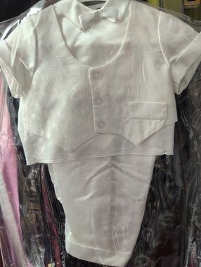 White Boys' Dress Shirt, Pants, & Vest Set with Bow Tie With White Satin Trim